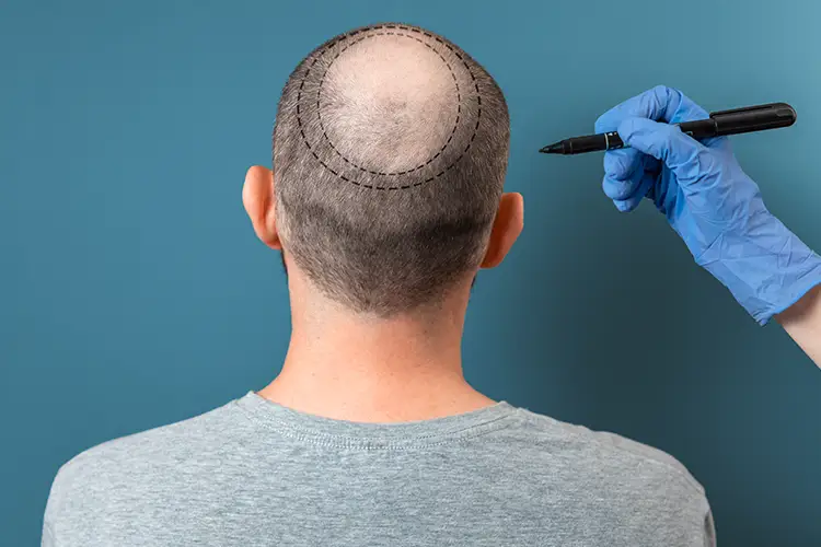 Einem Mann wird auf dem Hinterkopf der Bereich eingezeichnet, der bei einer Haartransplantation behandelt werden soll. 