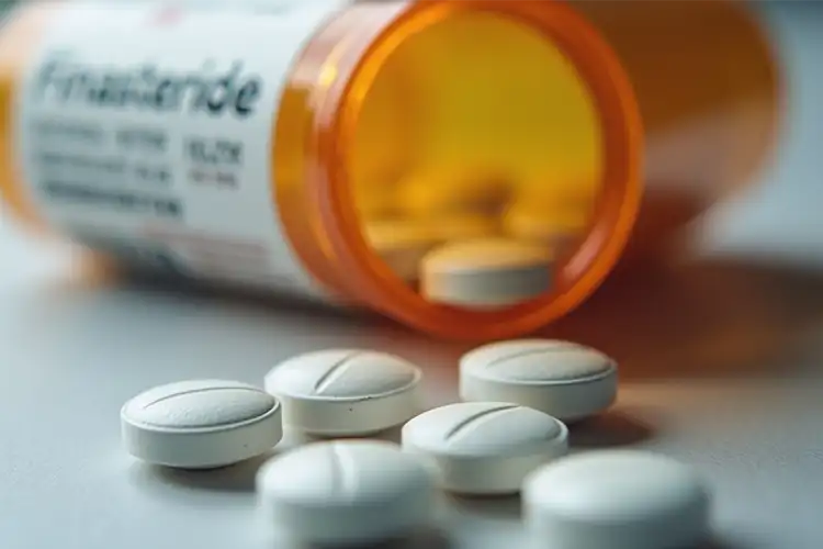 Neben einer umgekippten Tablettendose liegen 6 einzelne Tabletten nebeneinander. Auf der Dose ist der Schriftzug “Finasteride” zu erkennen.