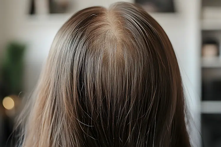 er Hinterkopf einer Person zeigt deutlichen Haarverlust im Scheitelbereich und am Hinterkopf. Die Haare sind dünn und die Kopfhaut scheint durch.